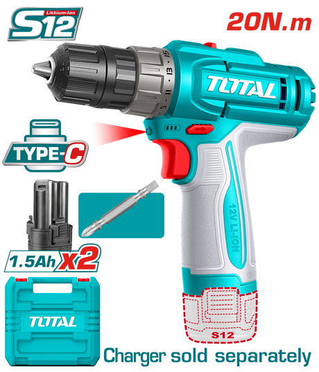 Masini de Gaurit/ Insurubat - Bormasini, Masina de gaurit cu acumulator TOTAL 12 V, Li-Ion, LED, 20 Nm, 1500 rpm, 2, atomico.ro