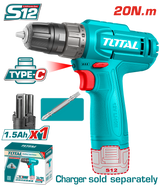 Masina de gaurit TOTAL cu Acumulator 12V – 1.5Ah, LED, Mandrina 10 mm, Li-Ion