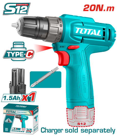 Masini de Gaurit/ Insurubat - Bormasini, Masina de gaurit TOTAL cu Acumulator 12V – 1.5Ah, LED, Mandrina 10 mm, Li-Ion, atomico.ro