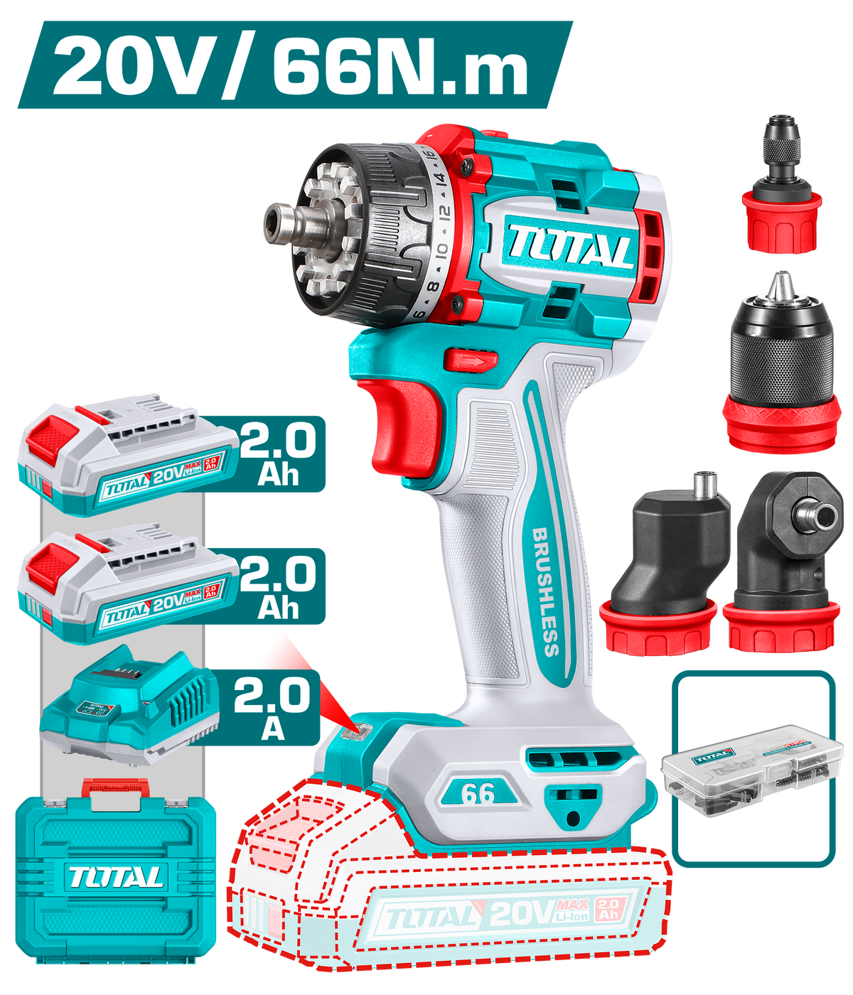 Masina de gaurit si insurubat TOTAL 20V, 66 Nm, motor fara perii, 4 capete interschimbabile, 1, atomico.ro