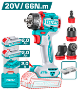 Masina de gaurit si insurubat TOTAL 20V, 66 Nm, motor fara perii, 4 capete interschimbabile