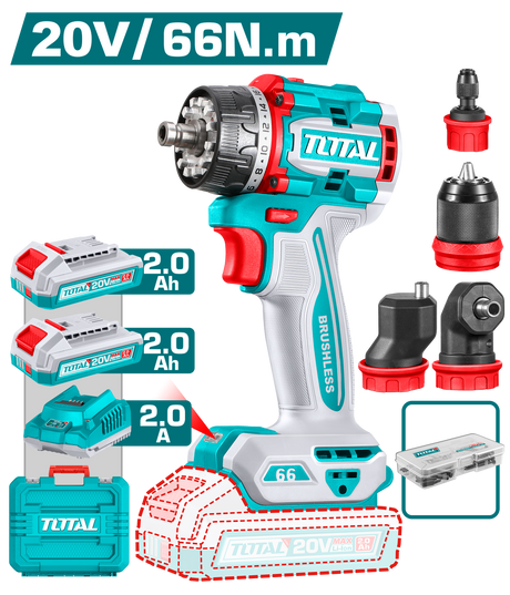Puterea Mobila, Masina de gaurit si insurubat TOTAL 20V, 66 Nm, motor fara perii, 4 capete interschimbabile, 9, atomico.ro