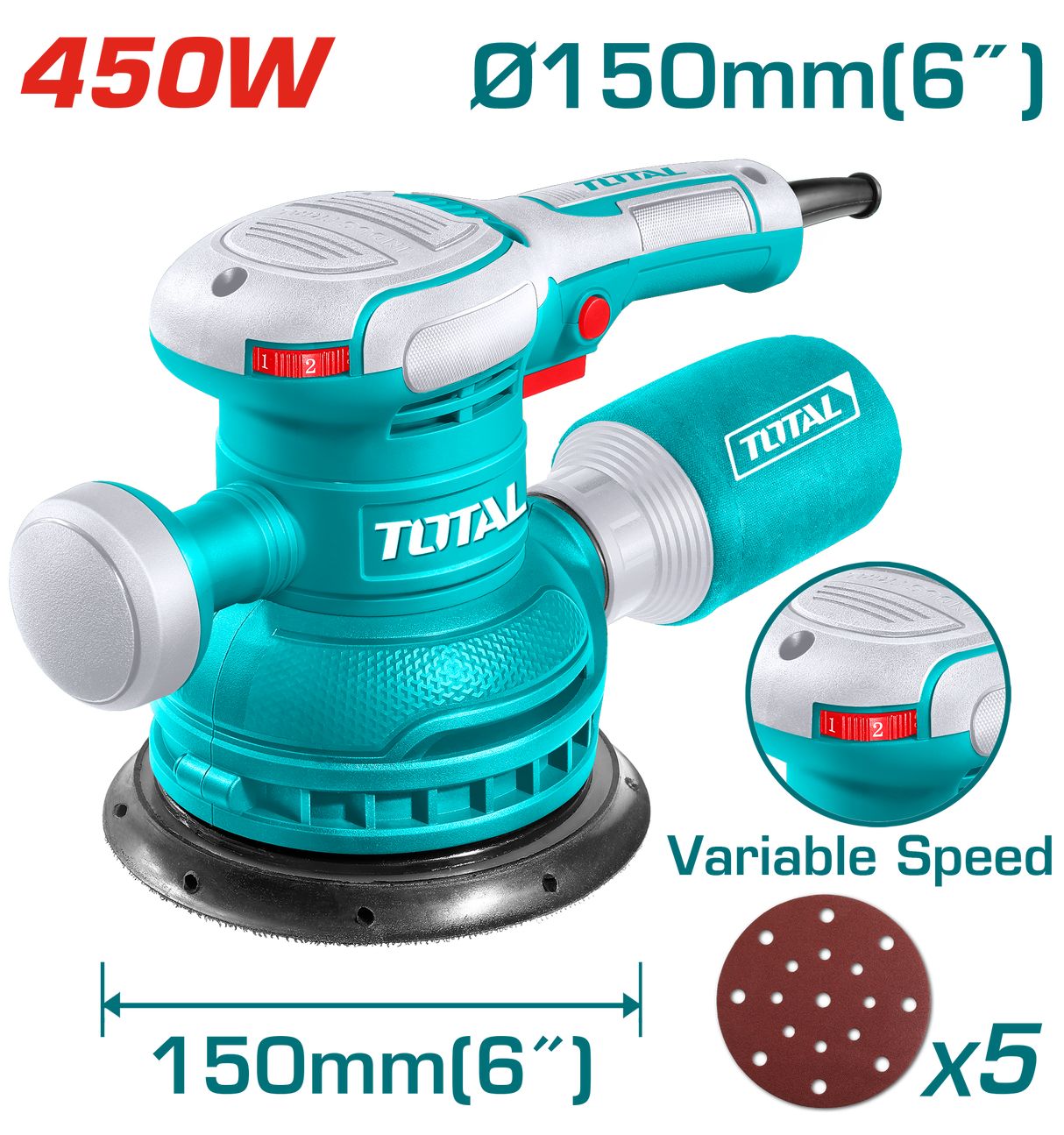 Masina de slefuit orbitala TOTAL 150 mm, 450W, 12000 rpm, viteza variabila, velcro, 2, atomico.ro