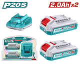 Kit TOTAL 20V – 2 baterii Li-Ion 2.0Ah + incarcator rapid P20S