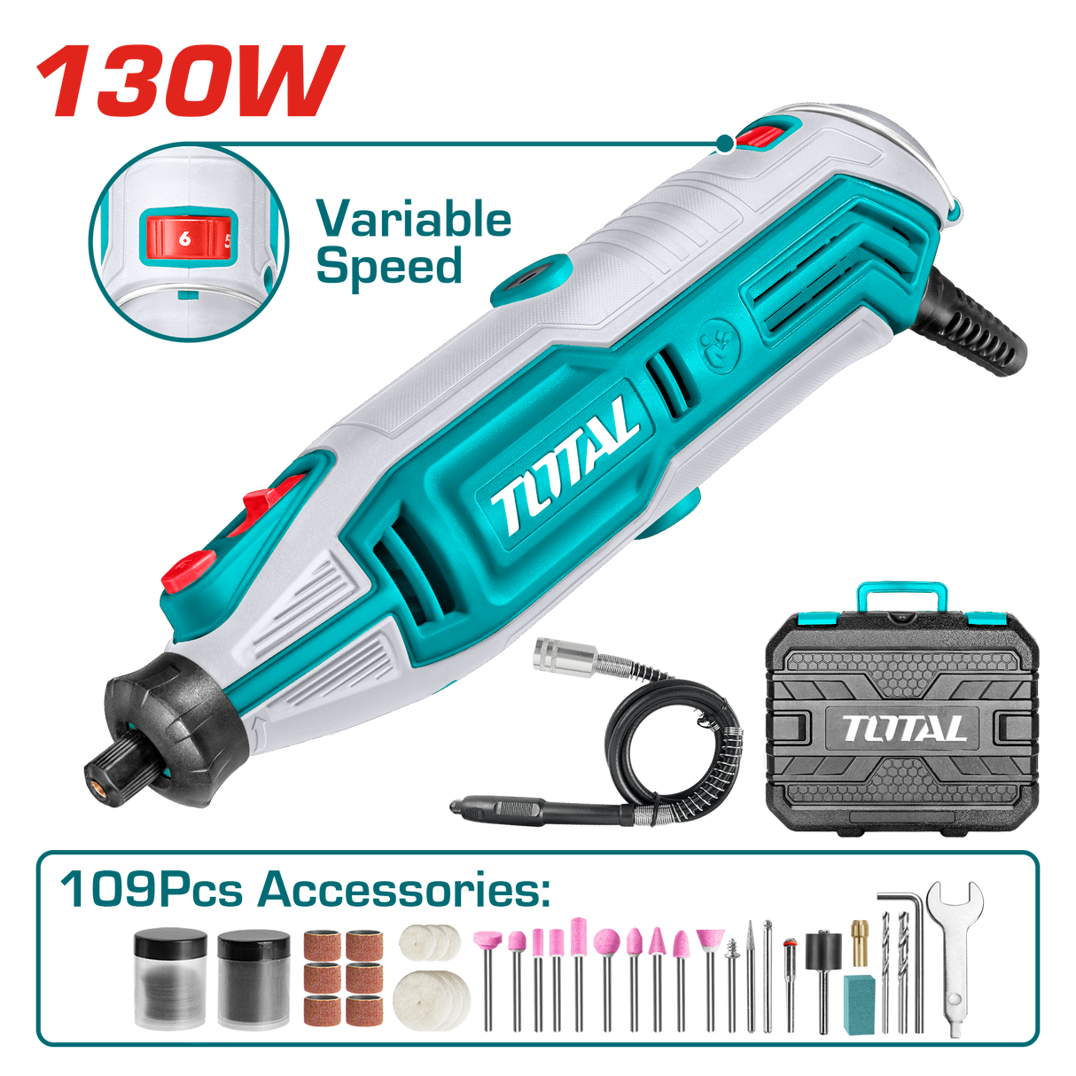 Mini polizor electric TOTAL 130W, viteza variabila 10000–35000 rpm, 109 accesorii, ax flexibil inclus, 1, atomico.ro
