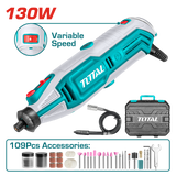 Mini polizor electric TOTAL 130W, viteza variabila 10000–35000 rpm, 109 accesorii, ax flexibil inclus