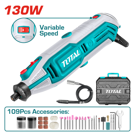 Atomico, Mini polizor electric TOTAL 130W, viteza variabila 10000–35000 rpm, 109 accesorii, ax flexibil inclus, 1, atomico.ro