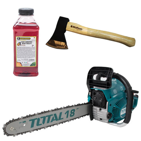 Oferta Zilei, Drujba pe benzina TOTAL, 46cc, 2.5 CP + ulei amestec 0.5L, toporisca Wolfson 600g, 1, atomico.ro