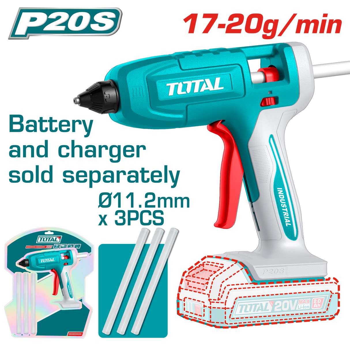 Pistol de lipit cu silicon TOTAL 20V Li-Ion, nu include acumulator si incarcator, 1, atomico.ro