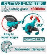 Trimmer gazon TOTAL 20V, 300 mm, 8200 rpm, fir 1.6 mm, fara acumulator si incarcator