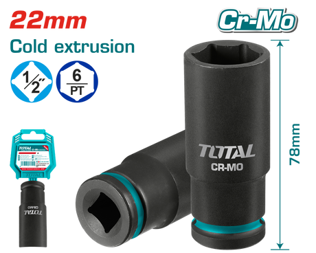 Scule si unelte de mana, Cheie tubulara de impact TOTAL, 22 x 78 mm, 1/2", tubulara adanca, otel Cr-Mo, 2, atomico.ro