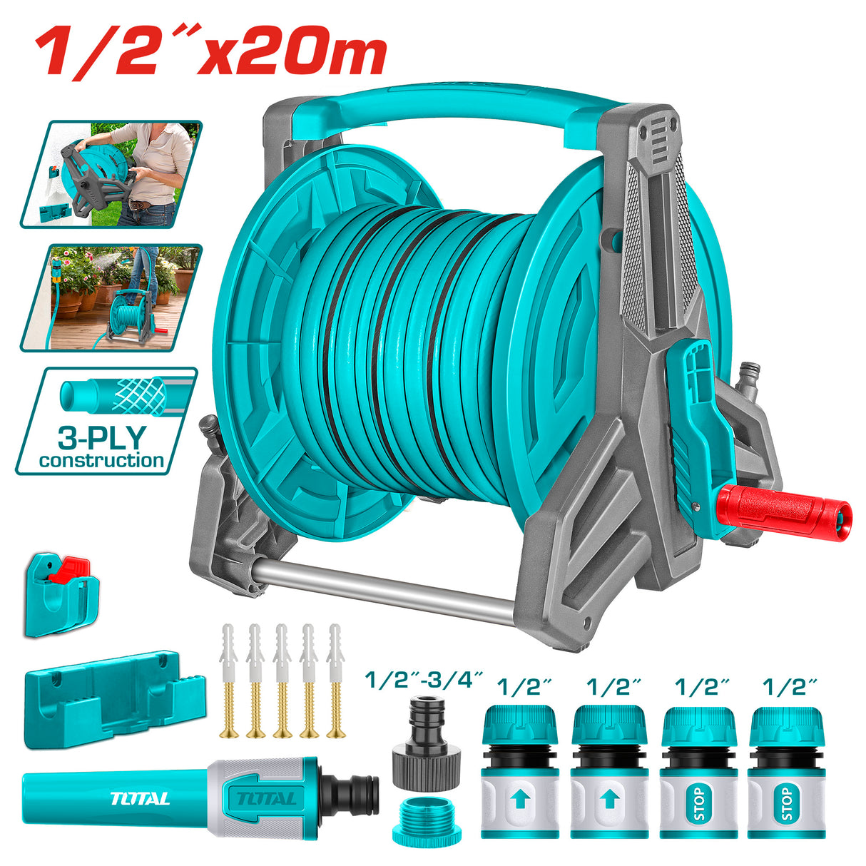 Set tambur furtun gradina TOTAL 20 m, furtun PVC 3 straturi 1/2", suport aluminiu, conectori rapizi si duza inclusa, 2, atomico.ro