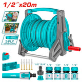Set tambur furtun gradina TOTAL 20 m, furtun PVC 3 straturi 1/2", suport aluminiu, conectori rapizi si duza inclusa