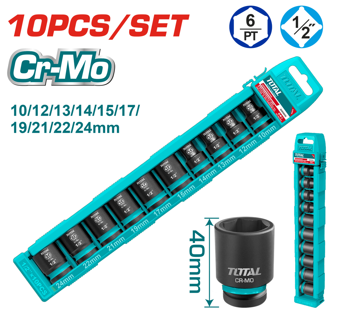 Set 10 chei tubulare de impact TOTAL 1/2", 10-24 mm, 40 mm, Cr-Mo, 1, atomico.ro