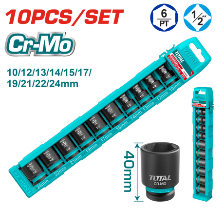 Scule si unelte de mana, Set 10 chei tubulare de impact TOTAL 1/2", 10-24 mm, 40 mm, Cr-Mo, 8, atomico.ro