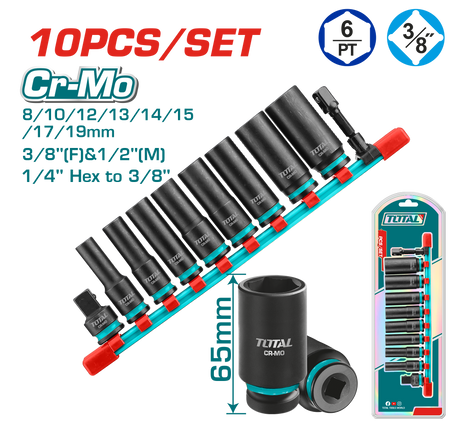 Antrenoare si tubulare, Set 10 piese tubulare de impact adanci TOTAL, 3/8", Cr-Mo, atomico.ro