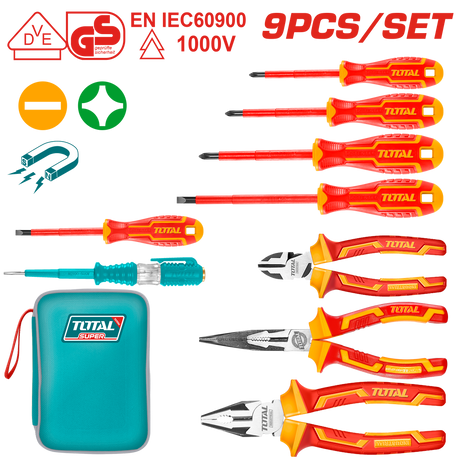 Scule electricieni, Set surubelnite si clesti izolati pentru electricieni TOTAL, 9 piese, 1000 V, EN IEC 60900, atomico.ro