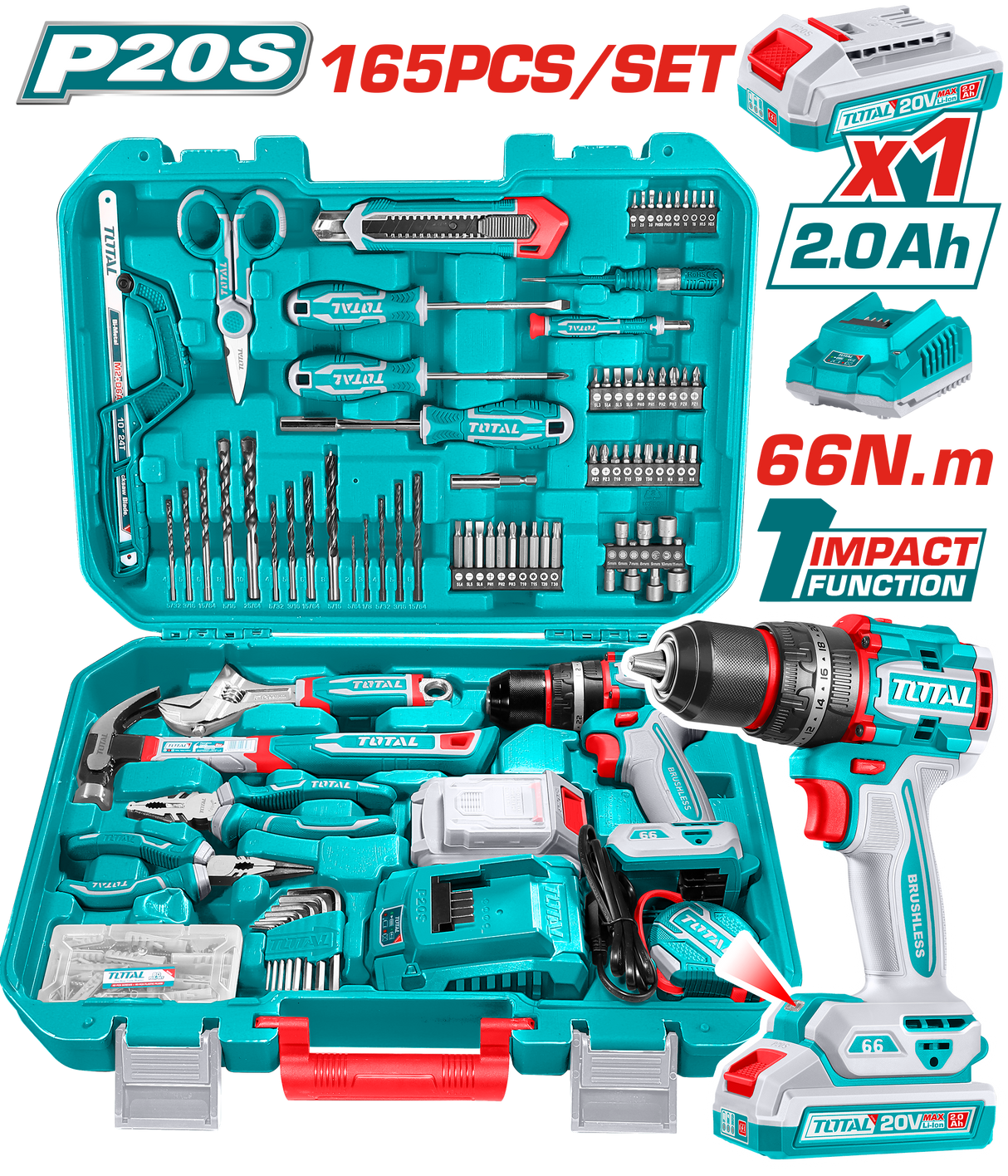 Trusa de scule TOTAL 165 piese cu masina de gaurit si insurubat cu percutie 20V, acumulator 2.0Ah si incarcator, 18, atomico.ro