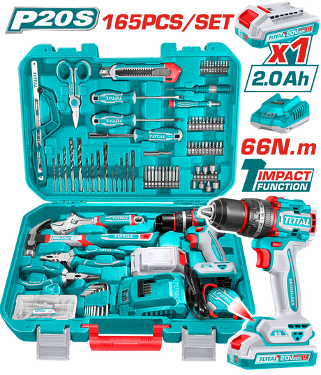 Scule TOTAL, Trusa de scule TOTAL 165 piese cu masina de gaurit si insurubat cu percutie 20V, acumulator 2.0Ah si incarcator, 18, atomico.ro
