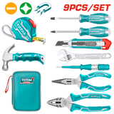 Set unelte de mana TOTAL 9 piese, ruleta 3 m, clesti, surubelnite, cheie reglabila
