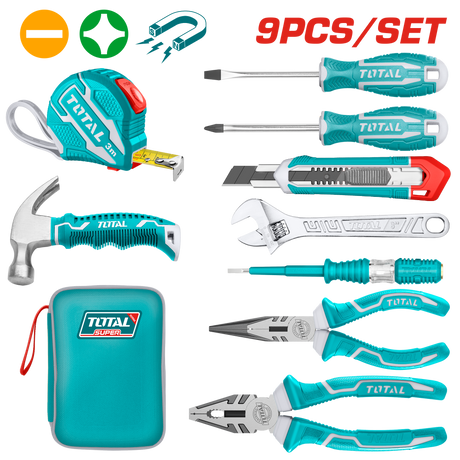 Scule electricieni, Set unelte de mana TOTAL 9 piese, ruleta 3 m, clesti, surubelnite, cheie reglabila, 6, atomico.ro