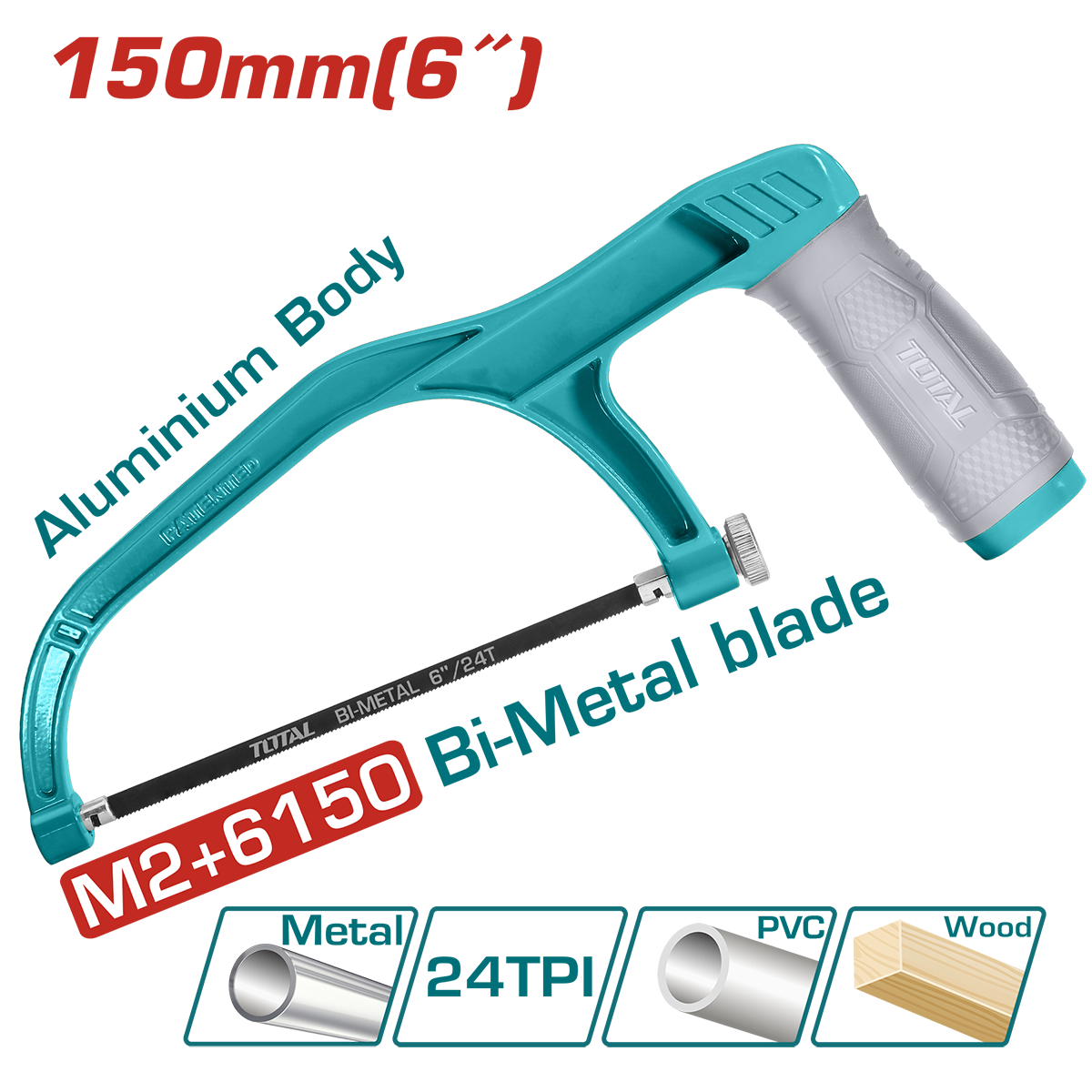 Mini fierastrau TOTAL 150 mm (6") – lama bi-metal M2+6150, maner TPR ergonomic, 2, atomico.ro