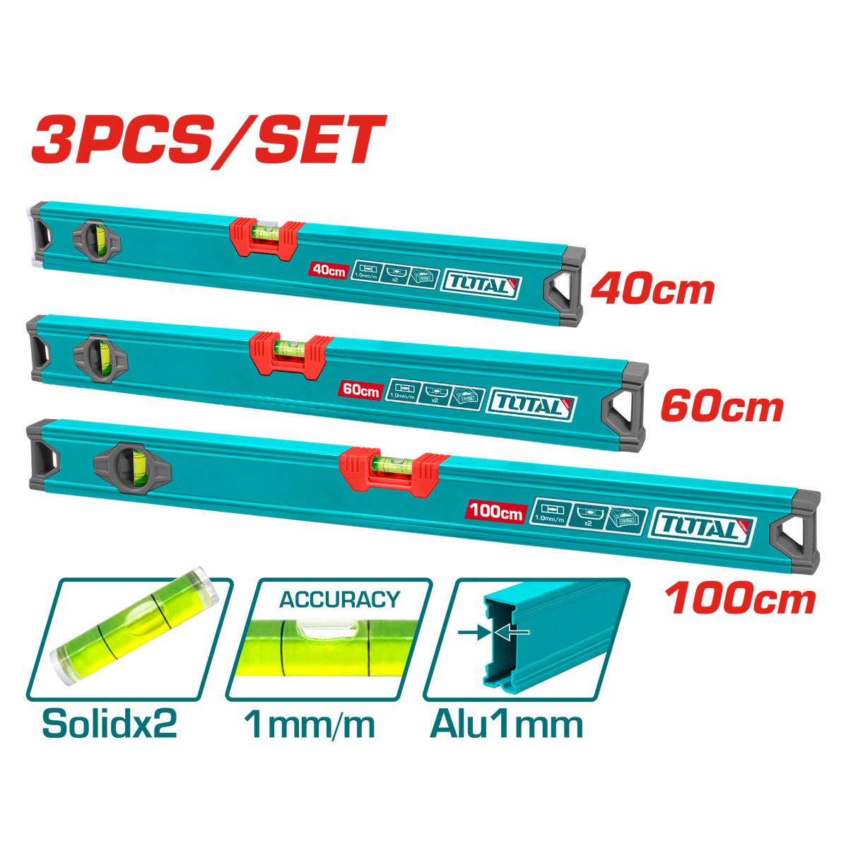 Set nivele cu bula TOTAL 3 piese, 40 cm, 60 cm, 100 cm, aluminiu, 2, atomico.ro