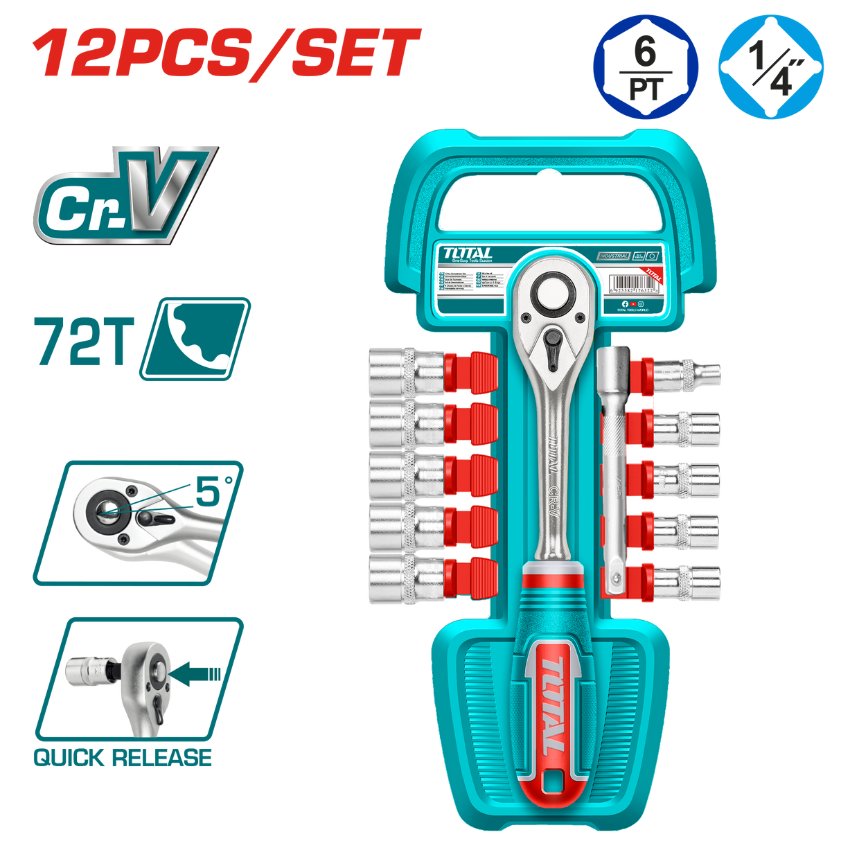 Set tubulare TOTAL 1/4", 12 piese, clichet 72T, extensie 100 mm, Cr-V, 6, atomico.ro