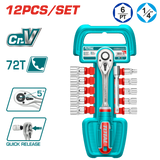 Set tubulare TOTAL 1/4", 12 piese, clichet 72T, extensie 100 mm, Cr-V