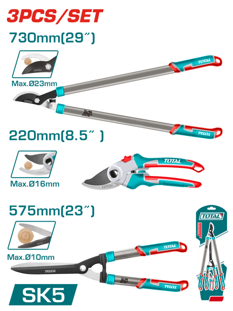 Foarfeci pentru gradina, Set foarfeci gradina TOTAL 3 piese, lame teflon, 220 mm, 575 mm, 730 mm, 1, atomico.ro