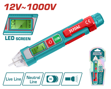 Detectoare, Detector tensiune TOTAL 12V–1000V AC – fara contact, LED, alarma sonora si luminoasa, atomico.ro