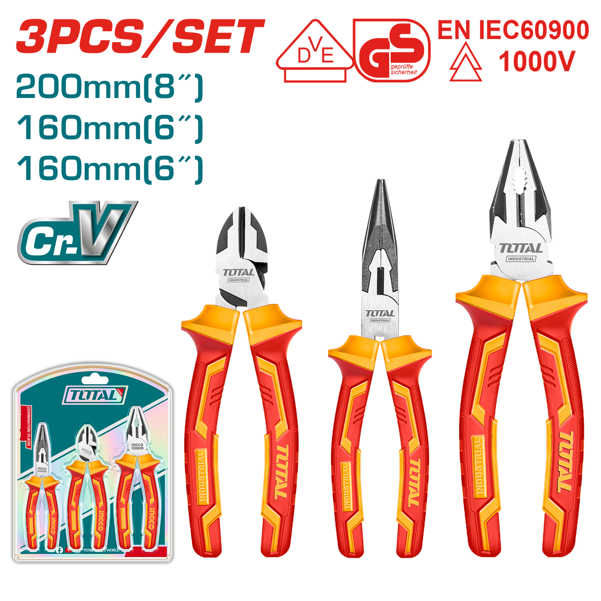 Set clesti izolati TOTAL electrician 3 piese, Cr-V, 1000V, patent, varf lung si taietor, 6, atomico.ro