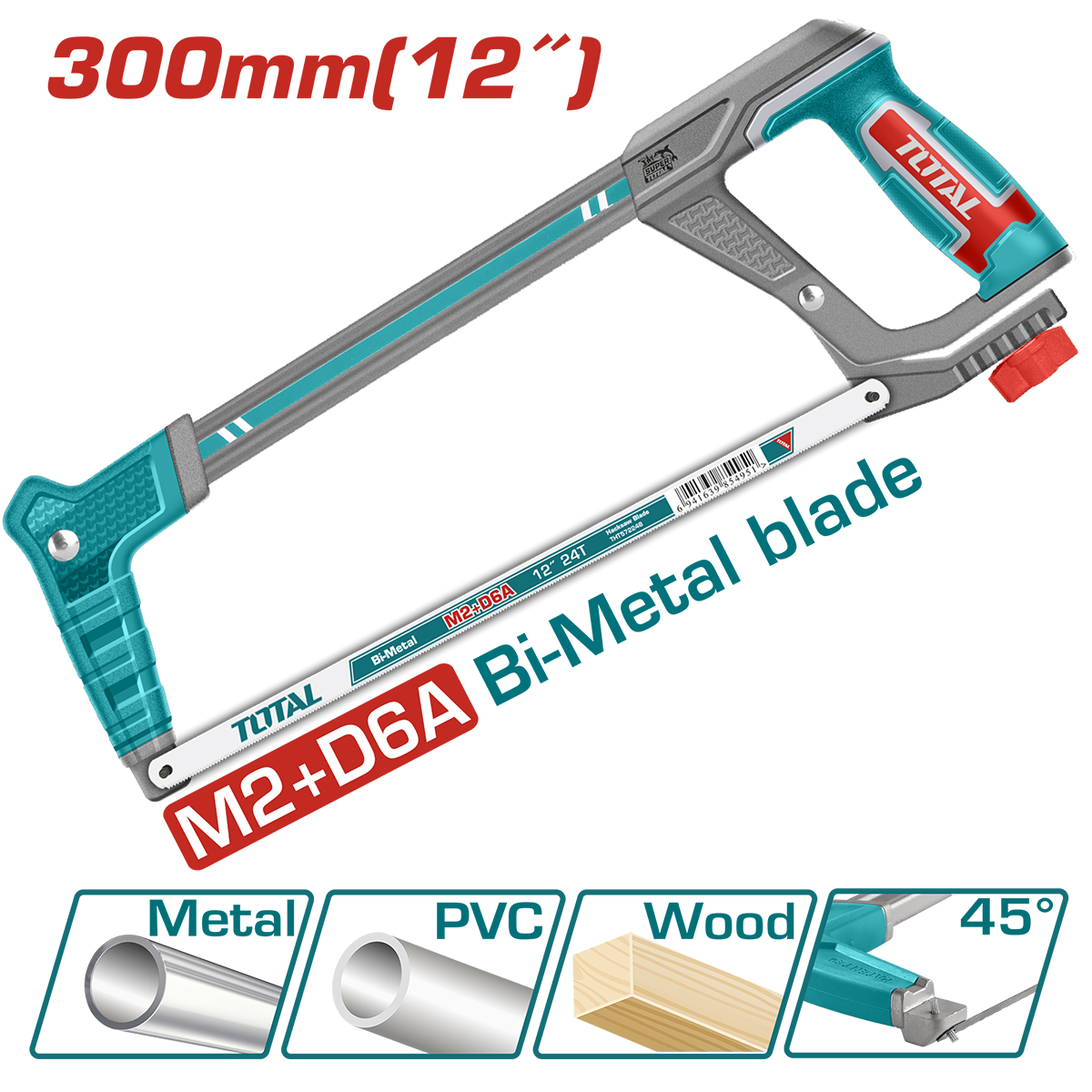 Fierastrau cu cadru metalic TOTAL 300mm (12") – lama bimetalica 24TPI, unghi reglabil 45°/90°, 2, atomico.ro