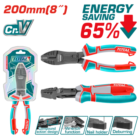 Clesti electricieni, Cleste multifunctional TOTAL 8"/200 mm, Cr-V, teflon, maner TPR, 6, atomico.ro