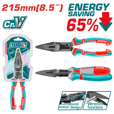 Clesti electricieni, Cleste varf ascutit TOTAL 8.5"/215 mm, Cr-V, teflon, maner TPR, multifunctional, 6, atomico.ro