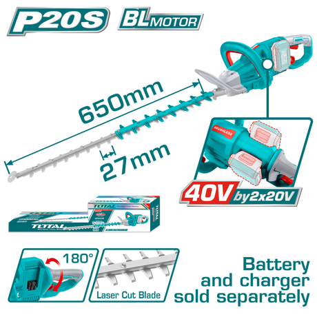 Toate produsele, Trimmer pentru tuns gard viu TOTAL 40V, lama 650 mm, motor brushless, fara acumulator si incarcator, 1, atomico.ro