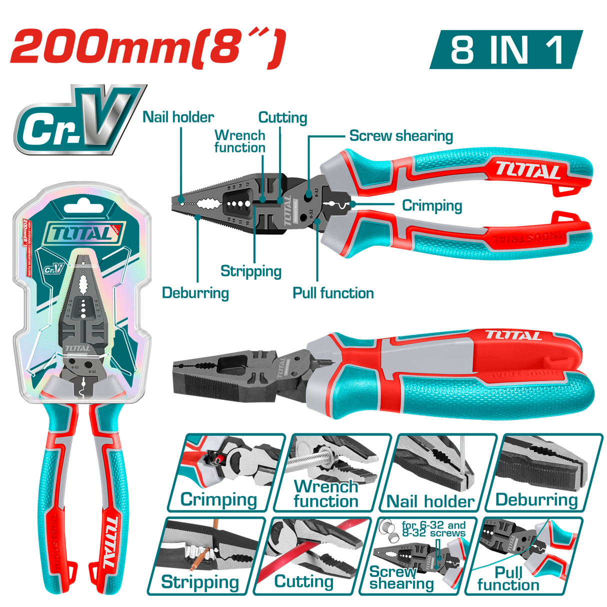 Patent multifunctional TOTAL 8-in-1, 8"/200 mm, Cr-V, teflon, maner TPR, 6, atomico.ro