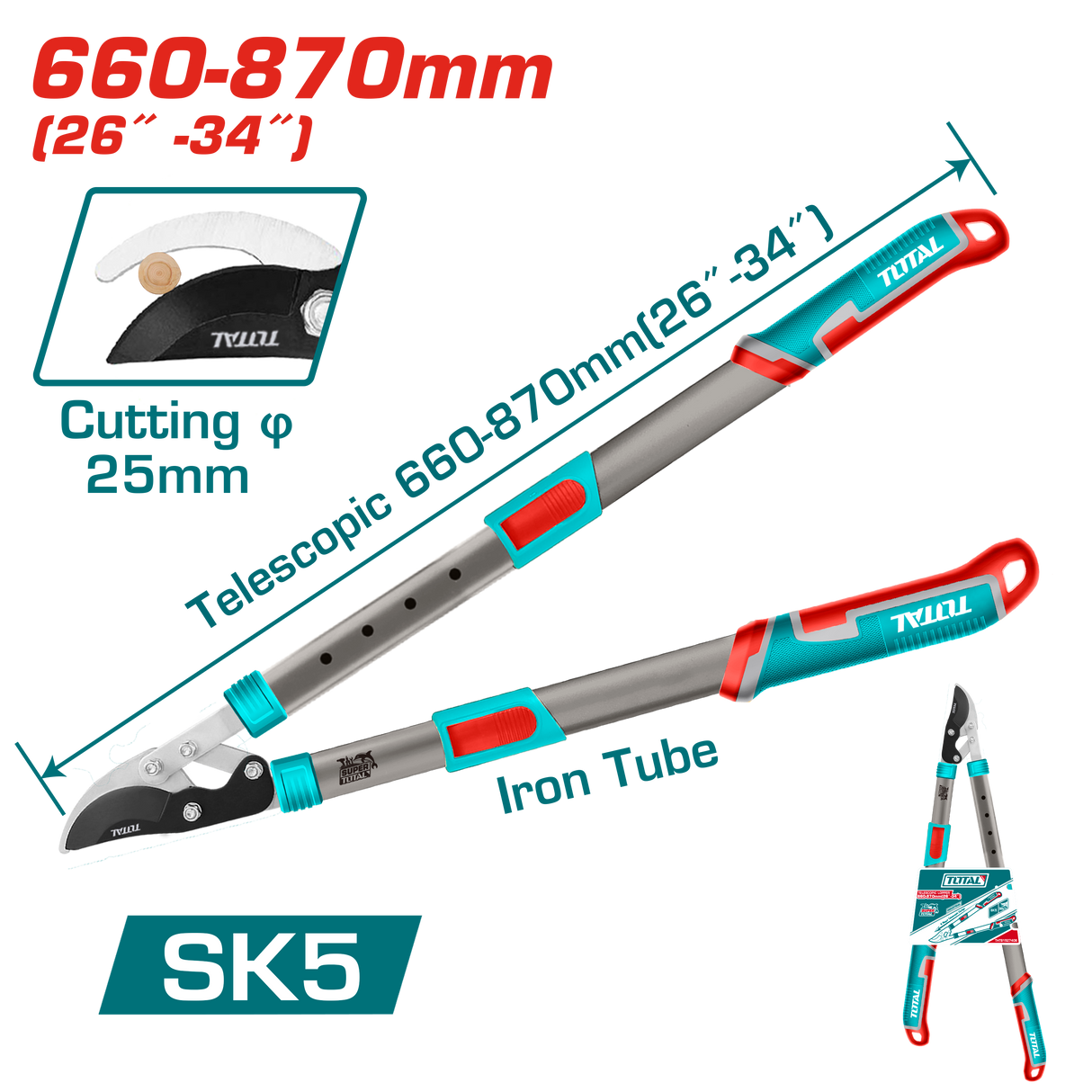 Foarfeca telescopica TOTAL pentru crengi 660–870 mm, lama SK5 teflon, taiere 25 mm, 4, atomico.ro