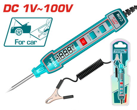 Scule TOTAL, Tester tensiune TOTAL DC 1–100V, afisaj digital, cablu 2.7 m, lanterna, iluminare display, 2, atomico.ro