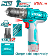 Masina de gaurit cu percutie TOTAL 12V, 20Nm, 2 trepte viteza, baterii 1.5Ah (NU INCLUDE INCARCATOR)