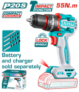 Masina de gaurit cu percutie TOTAL, 20V, 55 Nm motor fara perii (nu include acumulator)
