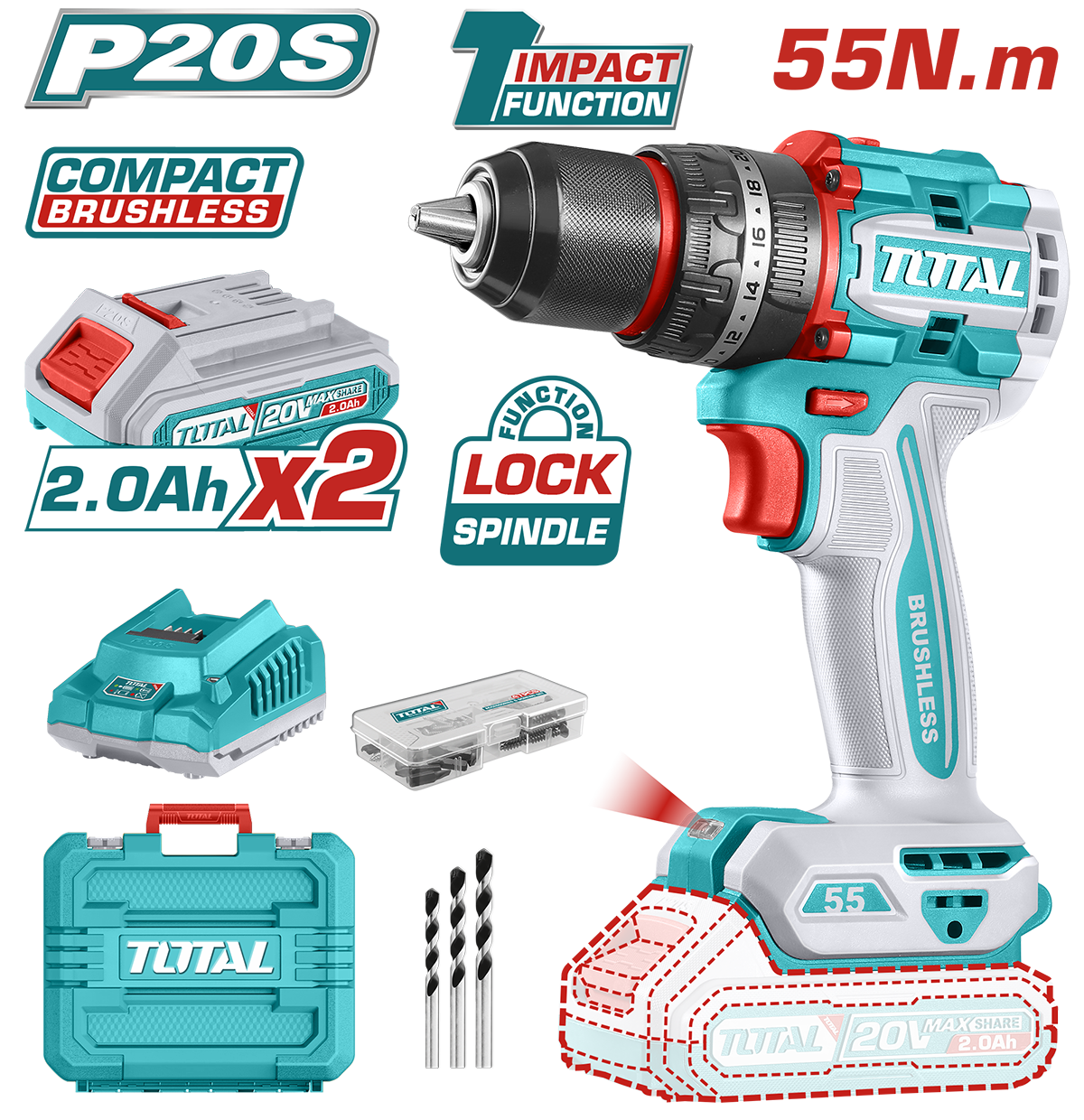Masina de gaurit cu percutie si acumulator TOTAL 20V – 2.0Ah Li-Ion (2 acumulatori + 1 incarcator), 2, atomico.ro
