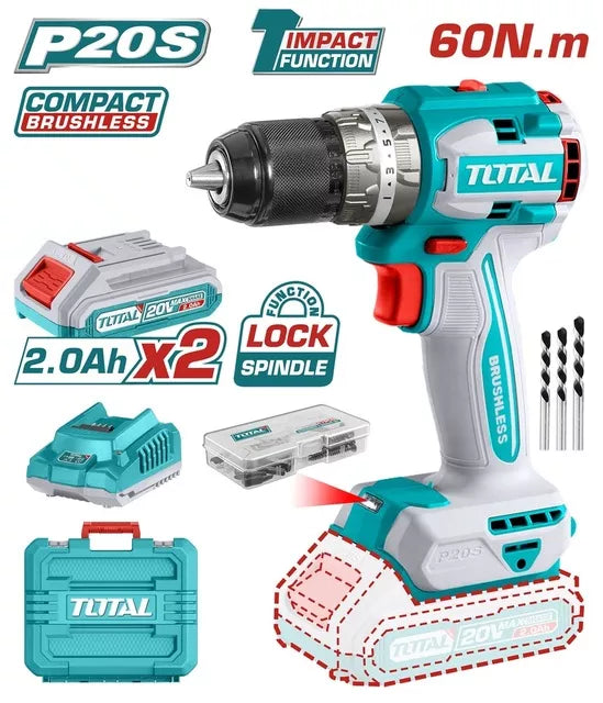 Masina de gaurit cu percutie TOTAL, acumulator 20V, 2Ah, motor fara perii (INDUSTRIAL) - Resigilat, 1, atomico.ro