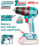 Masina de gaurit cu percutie TOTAL 20V, 66 Nm, motor fara perii (nu include acumulator si incarcator))