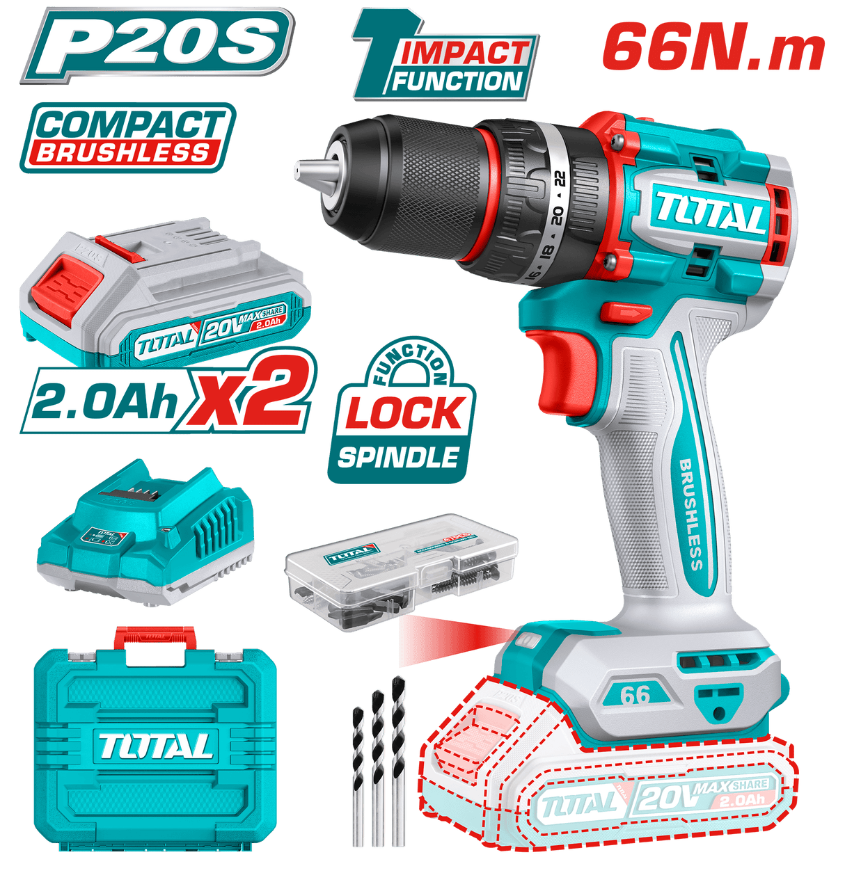 Masina de gaurit cu percutie Total - 20V-2AH -motor fara perii - include doi acumulatori si un incarcator, 2, atomico.ro