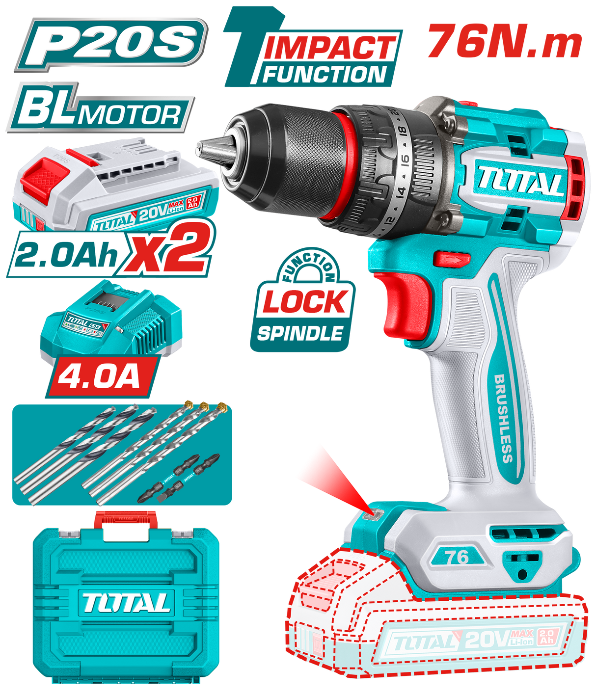 Masina de gaurit cu percutie TOTAL 20V, Brushless, 76 Nm, mandrina metalica 13 mm, 2 acumulatori 4.0Ah, incarcator, 1, atomico.ro