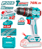 Masina de gaurit cu percutie TOTAL 20V, Brushless, 76 Nm, mandrina metalica 13 mm, 2 acumulatori 4.0Ah, incarcator