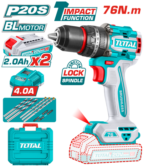 Masini de Gaurit/ Insurubat - Bormasini, Masina de gaurit cu percutie TOTAL 20V, Brushless, 76 Nm, mandrina metalica 13 mm, 2 acumulatori 4.0Ah, incarcator, 1, atomico.ro