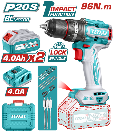 Total, Masina de gaurit cu impact TOTAL –  96 Nm, 2000 rpm, 30000 bpm, 20V, 4.0Ah Li-Ion ( include 2 acumulatori, 1 incarcator), 2, atomico.ro