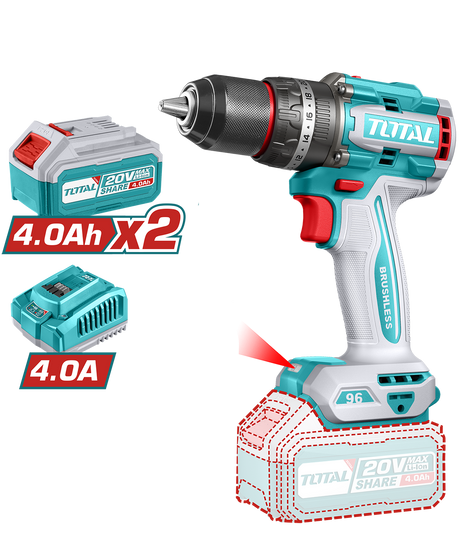 Total, Masina de gaurit cu impact TOTAL –  96 Nm, 2000 rpm, 30000 bpm, 20V, 4.0Ah Li-Ion ( include 2 acumulatori, 1 incarcator), 1, atomico.ro